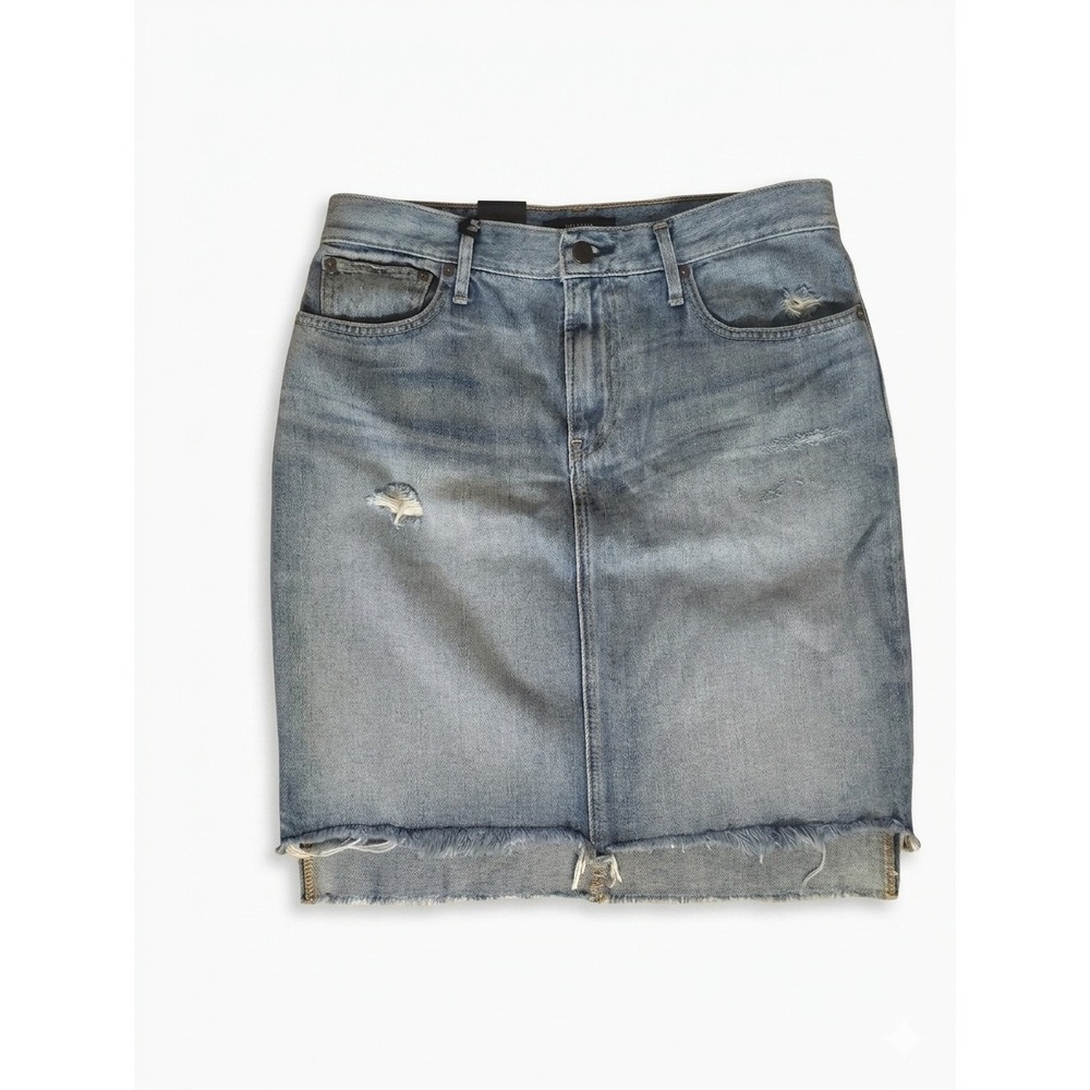 ABLE The Denim Skirt Fatima Wash Blue Distressed Raw Hem Mini Skirt 52027-327-50